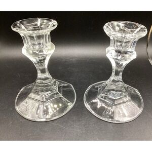 Pair Of Vintage Libbey‎ Glass Candlestick Taper Holders - 4" Tall Candle Clear